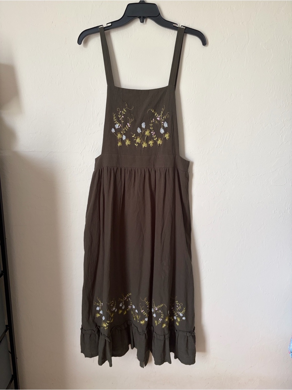 Embroidered Olive Pinafore Dress